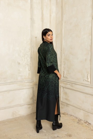 Φόρεμα  τύπου καφτάνι με μάο γιακά λεοπάρ πράσινο - 