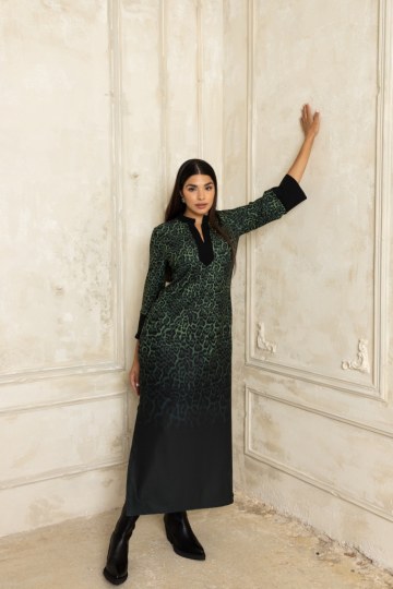 Φόρεμα  τύπου καφτάνι με μάο γιακά λεοπάρ πράσινο - 