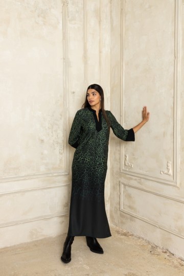 Φόρεμα  τύπου καφτάνι με μάο γιακά λεοπάρ πράσινο - 