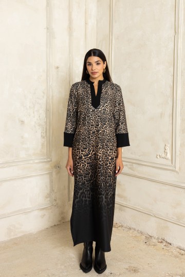 Φόρεμα  τύπου καφτάνι με μάο γιακά λεοπάρ μπεζ