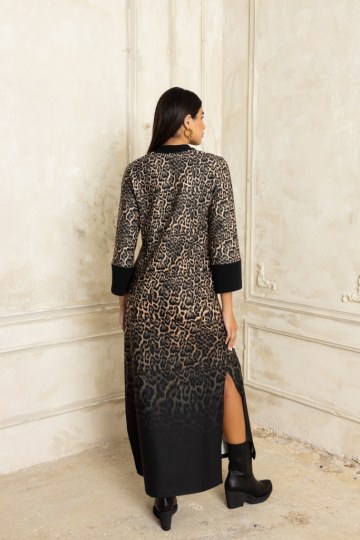 Φόρεμα  τύπου καφτάνι με μάο γιακά λεοπάρ μπεζ - 
