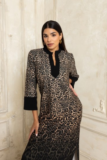 Φόρεμα  τύπου καφτάνι με μάο γιακά λεοπάρ μπεζ - 