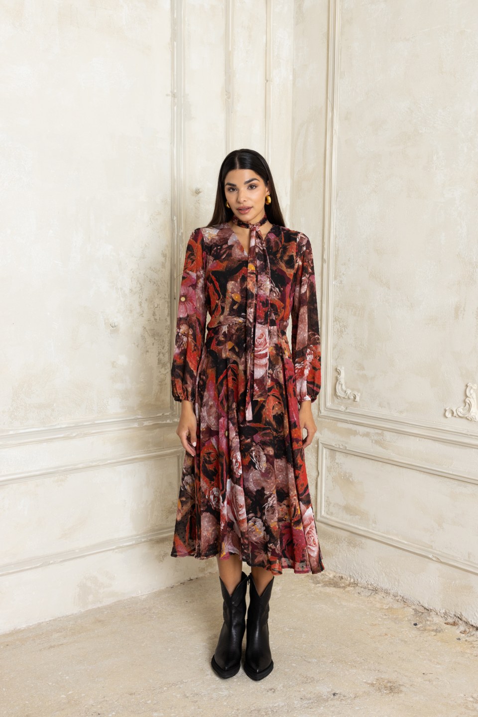 Φόρεμα κρουαζέ στο μπούστο  αέρινο με λουλούδια κόκκινο