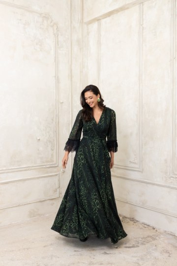 Φόρεμα λεοπάρ με ιδιαίτερη δαντέλα στα μανίκια πράσινο