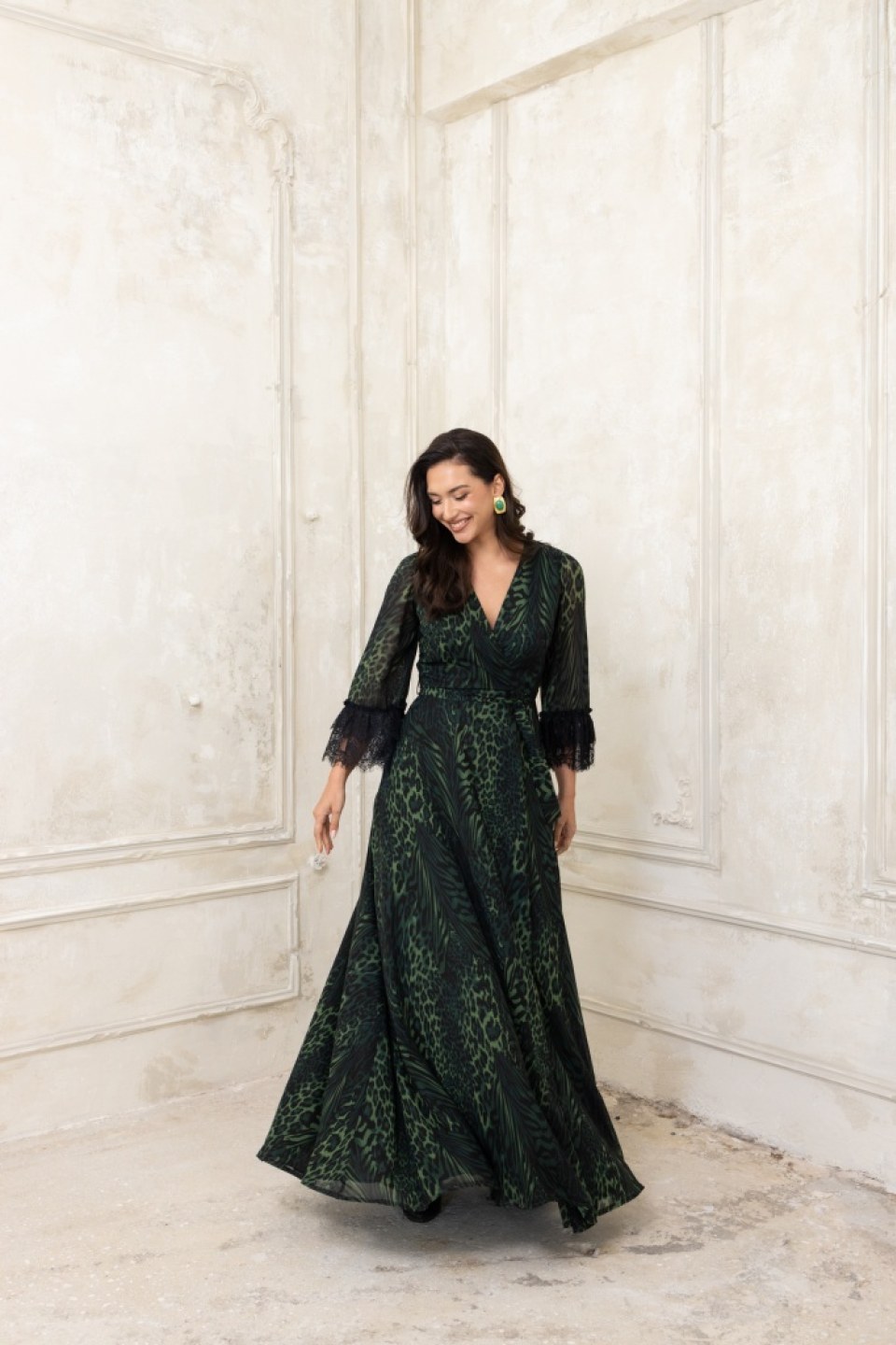 Φόρεμα λεοπάρ με ιδιαίτερη δαντέλα στα μανίκια πράσινο