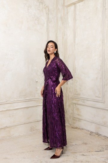 Φόρεμα κρουαζέ με παγιέτες και διαφάνειες στα μανίκια μωβ