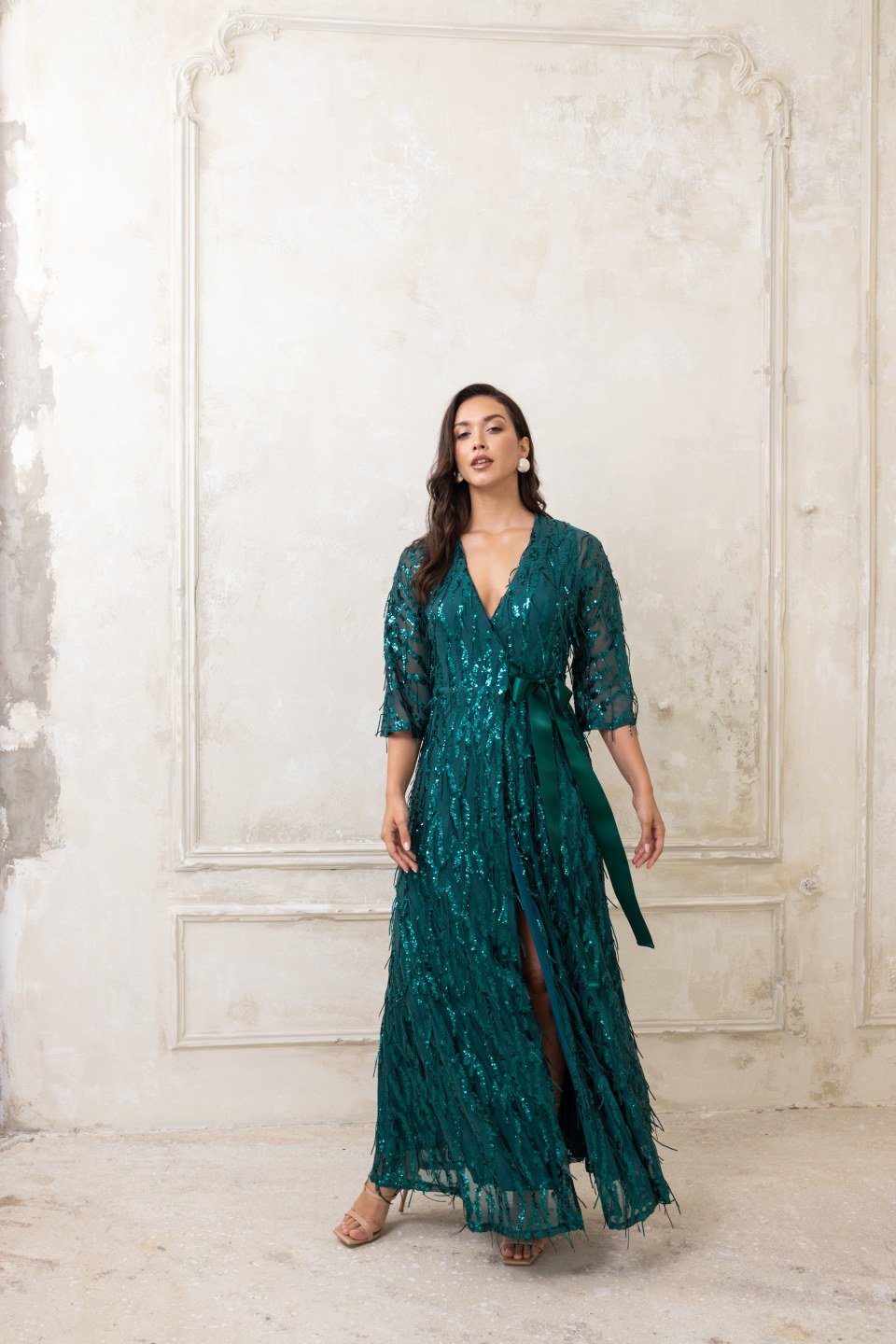  Φόρεμα κρουαζέ με παγιέτες και διαφάνειες στα μανίκια πράσινο