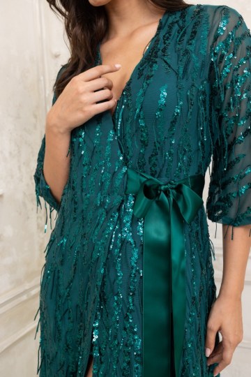  Φόρεμα κρουαζέ με παγιέτες και διαφάνειες στα μανίκια πράσινο - 