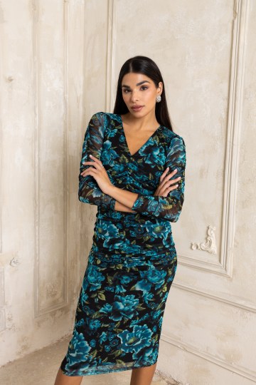  Φόρεμα εμπριμέ μίντι με σούρες πετρόλ