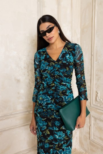  Φόρεμα εμπριμέ μίντι με σούρες πετρόλ - 