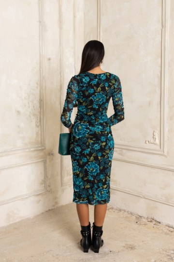  Φόρεμα εμπριμέ μίντι με σούρες πετρόλ - 