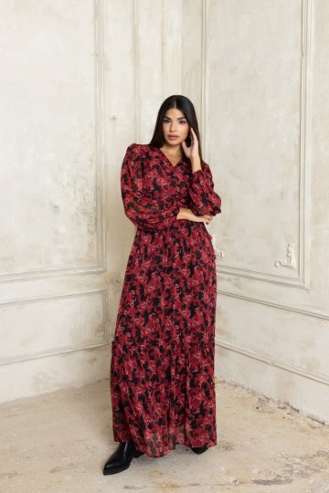  Φόρεμα μακρύ με ζώνη και βολάν μπορντό - 