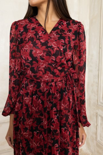  Φόρεμα μακρύ με ζώνη και βολάν μπορντό - 