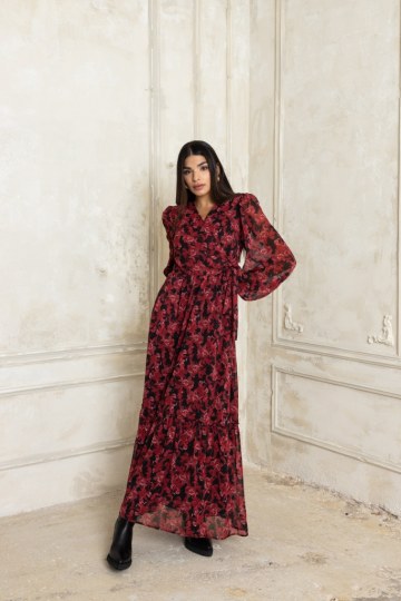  Φόρεμα μακρύ με ζώνη και βολάν μπορντό - 