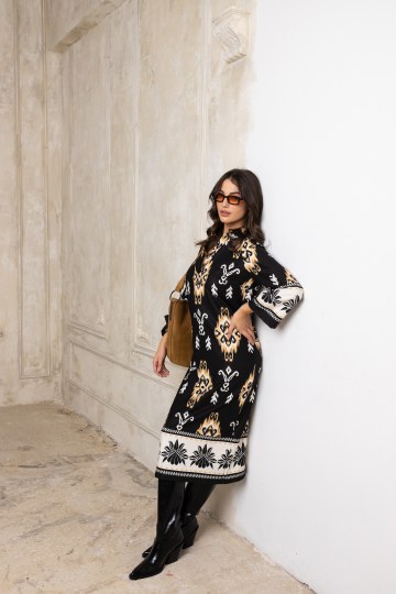 Φόρεμα  τύπου καφτάνι ασπρόμαυρο με κροκί λεπτομέρειες