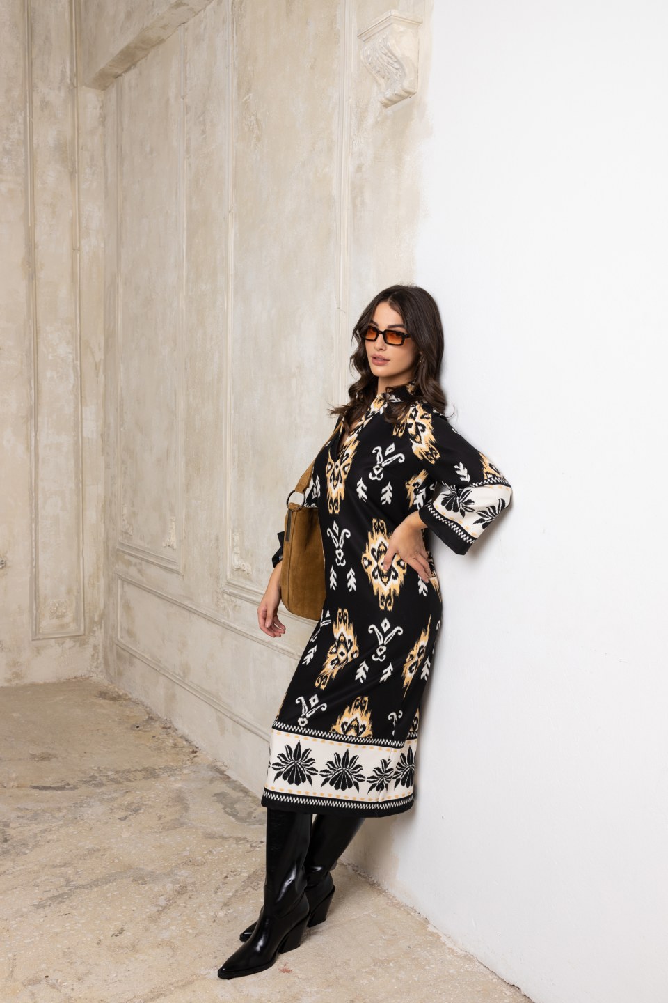 Φόρεμα  τύπου καφτάνι ασπρόμαυρο με κροκί λεπτομέρειες