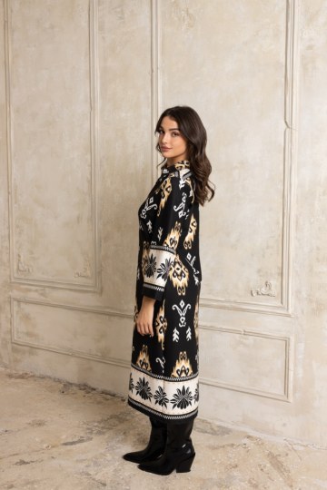 Φόρεμα  τύπου καφτάνι ασπρόμαυρο με κροκί λεπτομέρειες - 