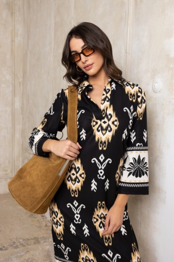 Φόρεμα  τύπου καφτάνι ασπρόμαυρο με κροκί λεπτομέρειες - 