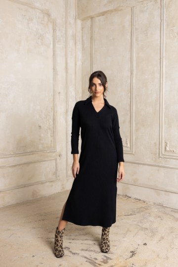 Φόρεμα πλεκτό με γιακά και σκισίματα μαύρο - 