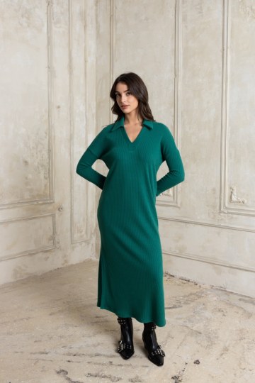  Φόρεμα πλεκτό με γιακά και σκισίματα πράσινο - 