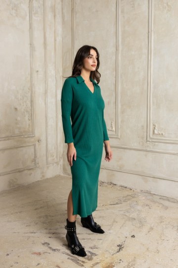  Φόρεμα πλεκτό με γιακά και σκισίματα πράσινο - 