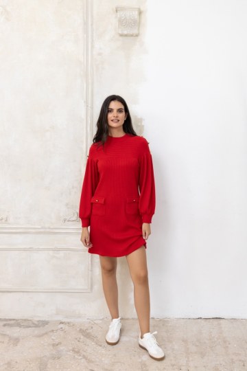  Φόρεμα πλεκτό με τσεπάκια και κουμπιά κόκκινο - 