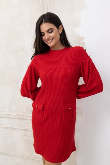  Φόρεμα πλεκτό με τσεπάκια και κουμπιά κόκκινο - 