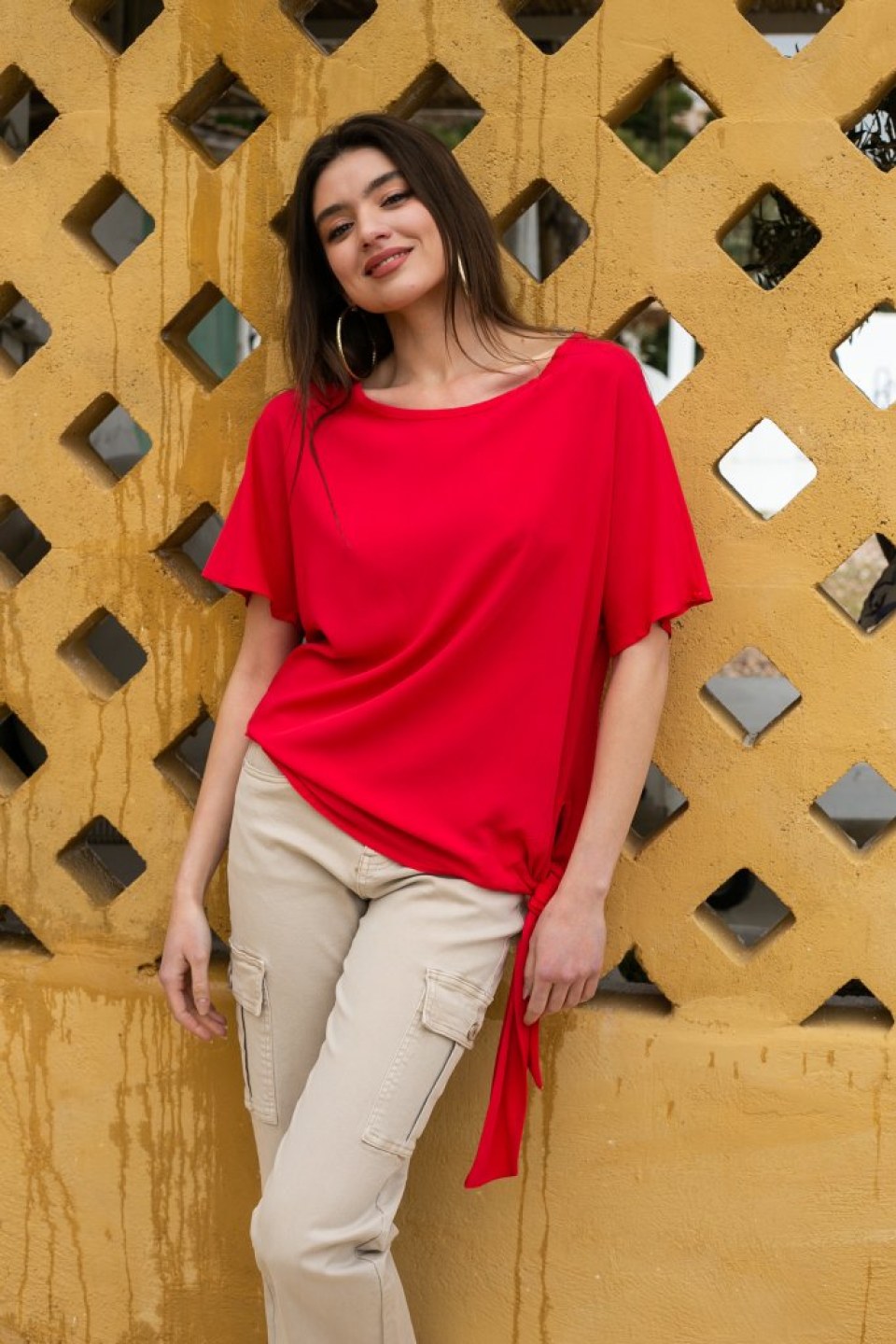 Μπλούζα ασύμμετρη με δέσιμο στο πλάι κόκκινη
