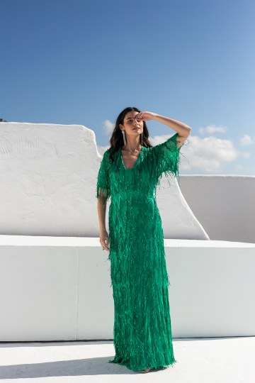 Φόρεμα κοντομάνικο με κρόσια από παγιέτες πράσινο