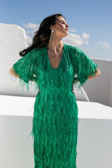 Φόρεμα κοντομάνικο με κρόσια από παγιέτες πράσινο - 