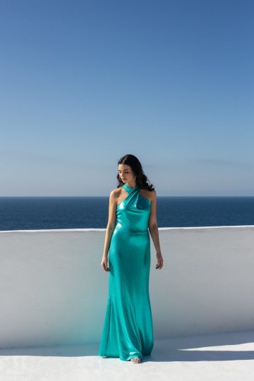 Φόρεμα αμάνικο με χιαστί δέσιμο στο λαιμό μεταλλιζέ τυρκουάζ - 