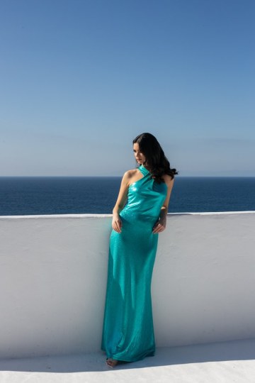 Φόρεμα αμάνικο με χιαστί δέσιμο στο λαιμό μεταλλιζέ τυρκουάζ - 