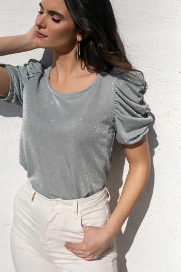 Μπλούζα με γκλίτερ και φουσκωτά μανίκια γαλάζια - 