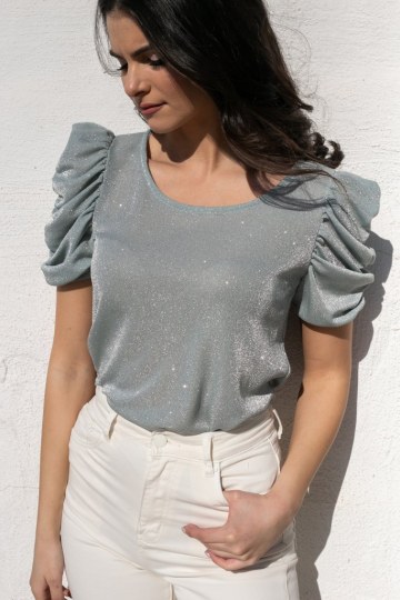 Μπλούζα με γκλίτερ και φουσκωτά μανίκια γαλάζια - 