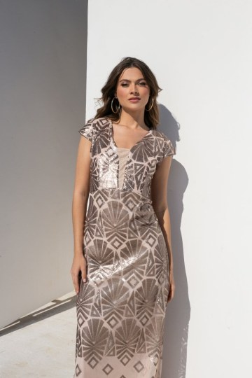 Φόρεμα αμάνικο με σχέδια από παγιέτες μπεζ - 