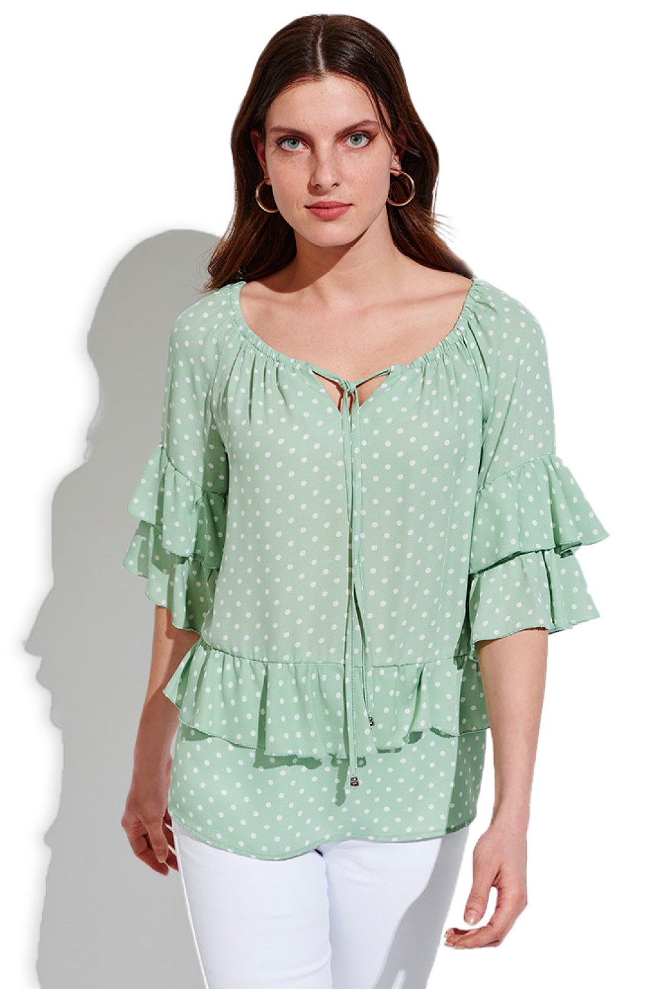 Μπλούζα με διπλό βολάν στα μανίκια πουά