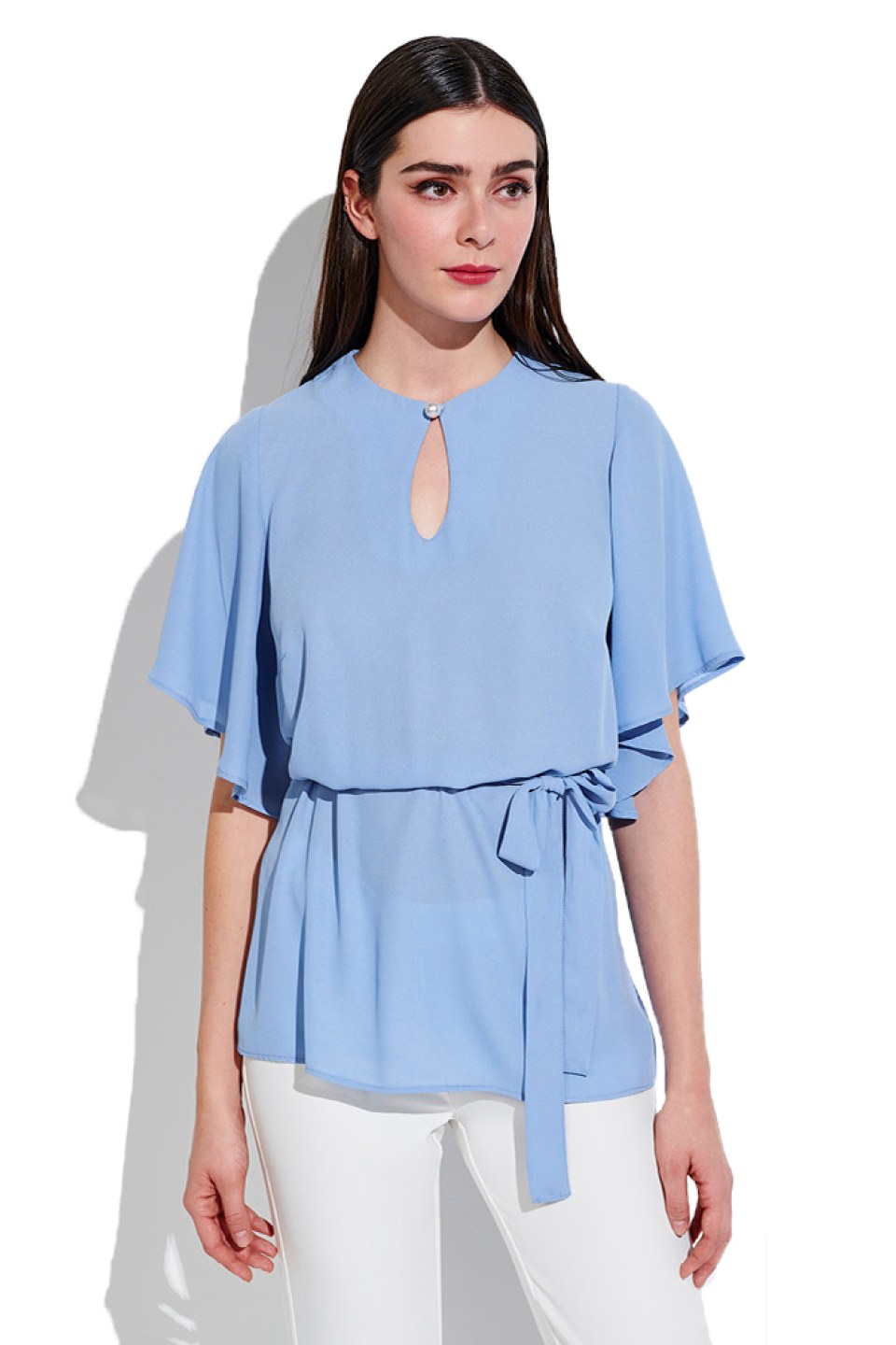 Μπλούζα με βολάν στα μανίκια και ζώνη στη μέση γαλάζια