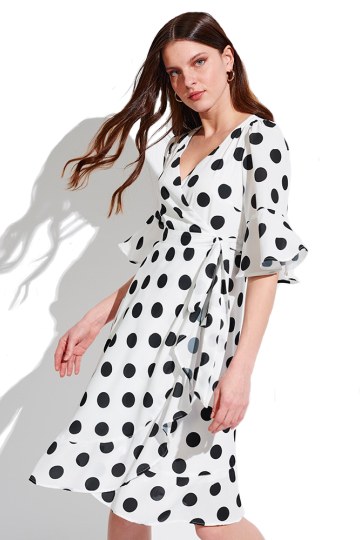 Φόρεμα με βολάν πουά λευκό-μαύρο