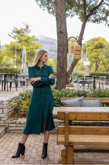 Φόρεμα μίντι με γιακά και κουμπιά κυπαρισσί - 