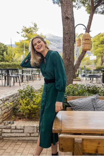 Φόρεμα μίντι με γιακά και κουμπιά κυπαρισσί - 