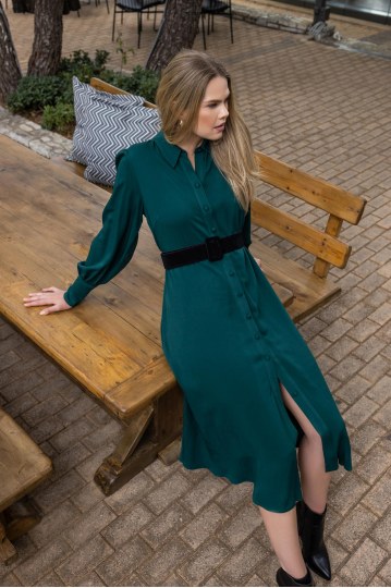 Φόρεμα μίντι με γιακά και κουμπιά κυπαρισσί - 