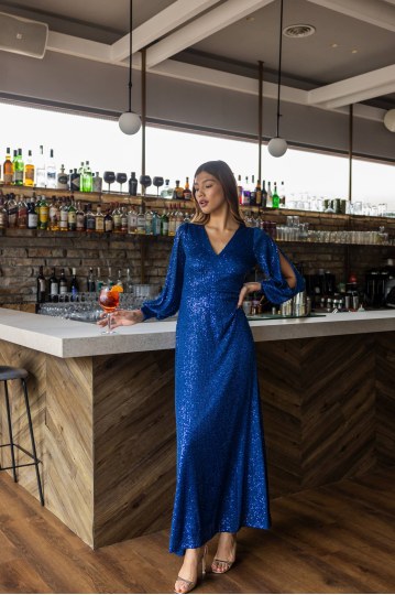  Φόρεμα με παγιέτες και ανοίγματα στα μανίκια μπλε - 