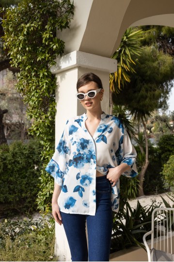 Πουκάμισο με λουλούδια και μάο γιακά λευκό-γαλάζιο - 