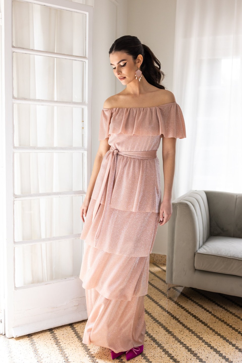 Φόρεμα χαμόγελο με βολάν και γκλίτερ σάπιο μήλο 