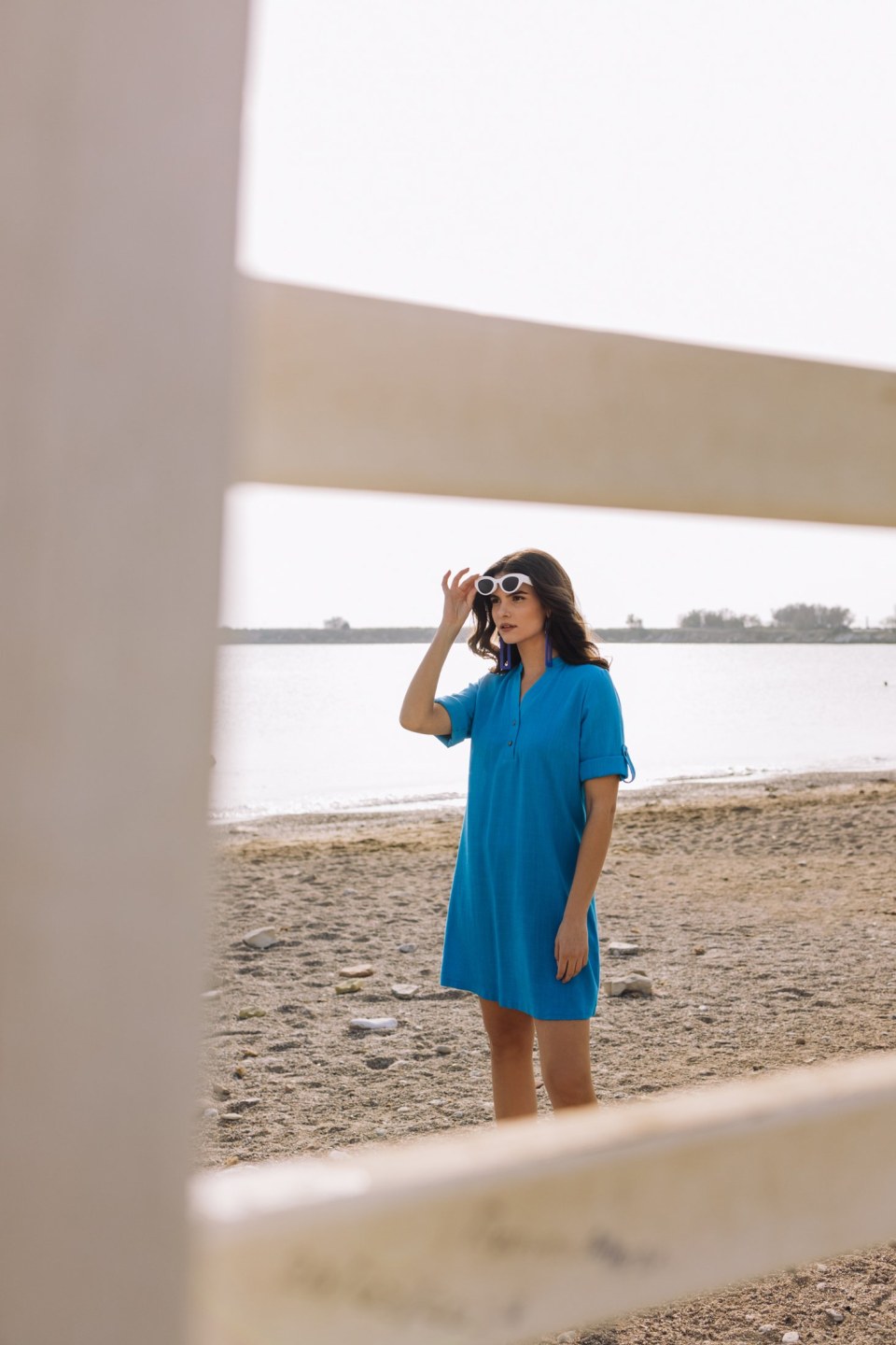  Φόρεμα λινό με κουμπιά μπλε