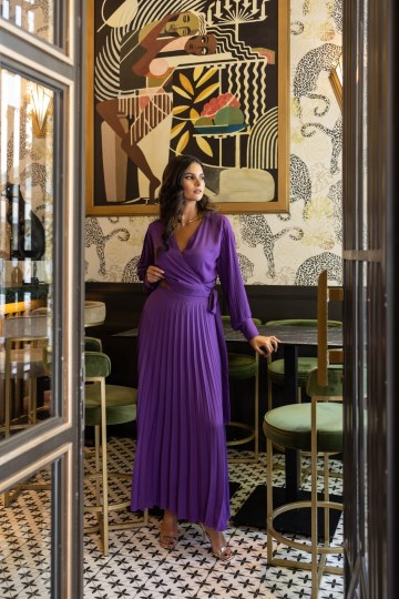  Μπλούζα κρουαζέ με πλισέ μανίκια και ζώνη στη μέση μωβ - 