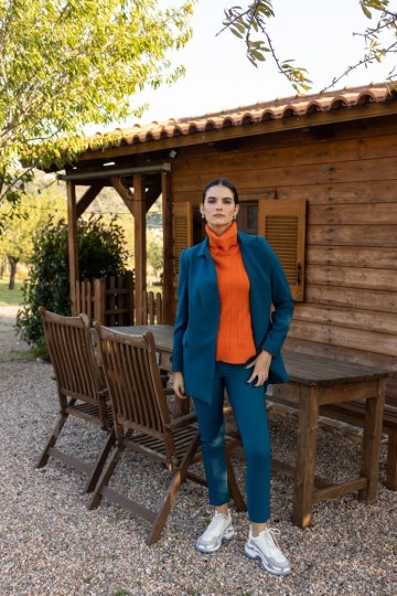 Παντελόνι σε στενή γραμμή με λάστιχο στο πίσω μέρος πετρόλ - 