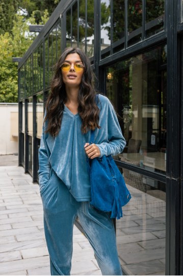  Παντελόνι-φόρμα βελουτέ με λάστιχο στη μέση πετρόλ - 