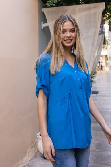 Μπλούζα με λαιμόκοψη V και κουμπιά μπλε ρουά