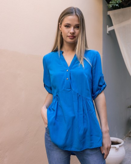 Μπλούζα με λαιμόκοψη V και κουμπιά μπλε ρουά - 